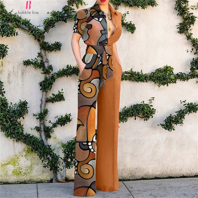 BubbleKiss Summer Fashion Jumpsuits Women Elegance Overalls Jumpsuit Femme Bodysuit Solid Short Sleeve Art Print Office Lady