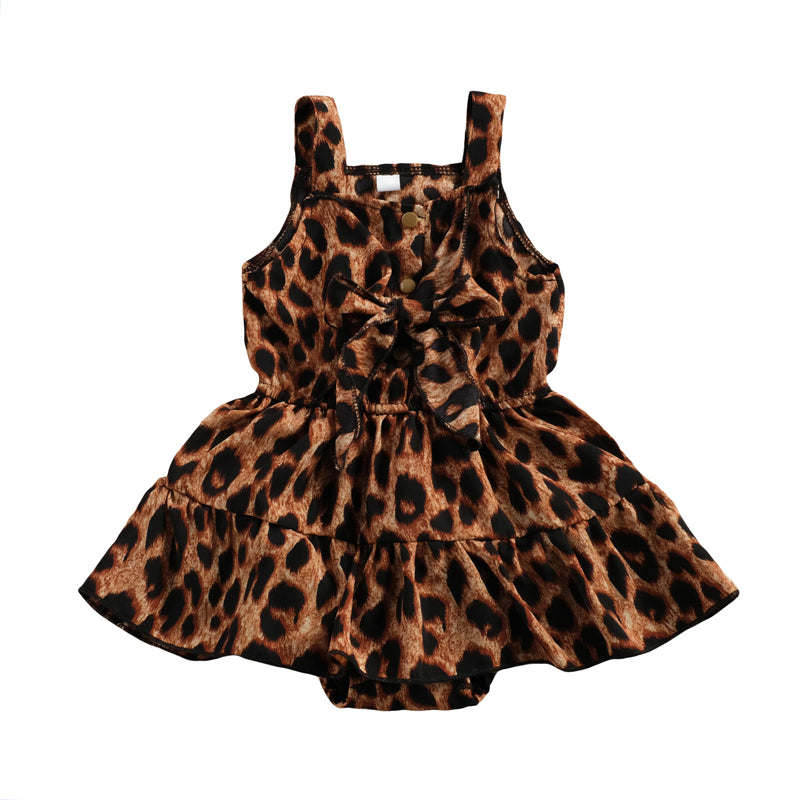 2021 Summer Lovely Infant Baby Girls Romper Dress Leopard Print Ruffles Sleeveless Bowknot Jumpsuits 0-18M