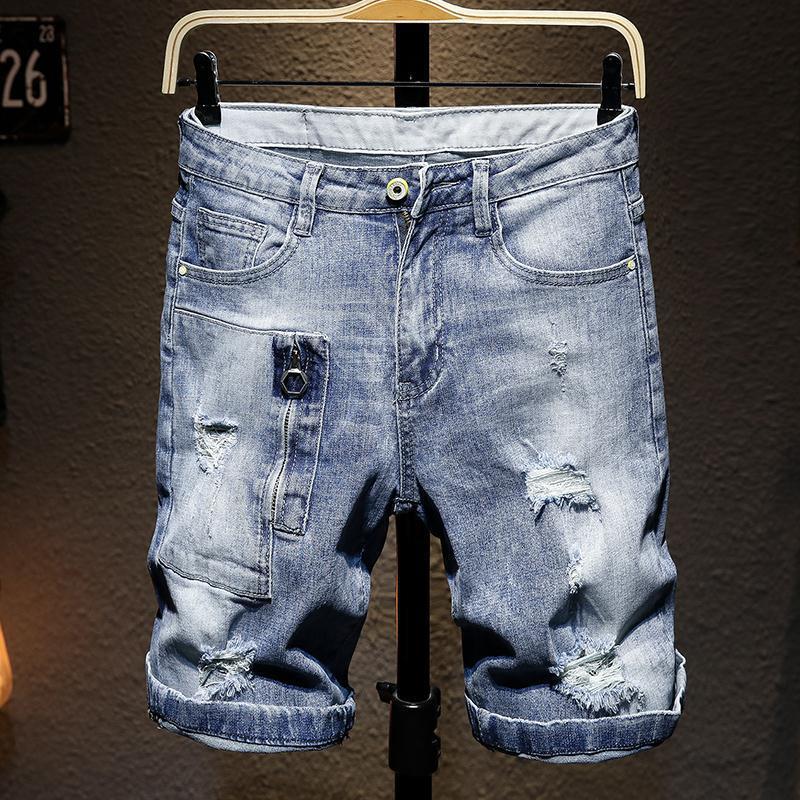 2021 Summer New Men&#39;s Ripped Denim Shorts Personality Fashion Casual Hip Hop Straight Loose Hole Short Jeans