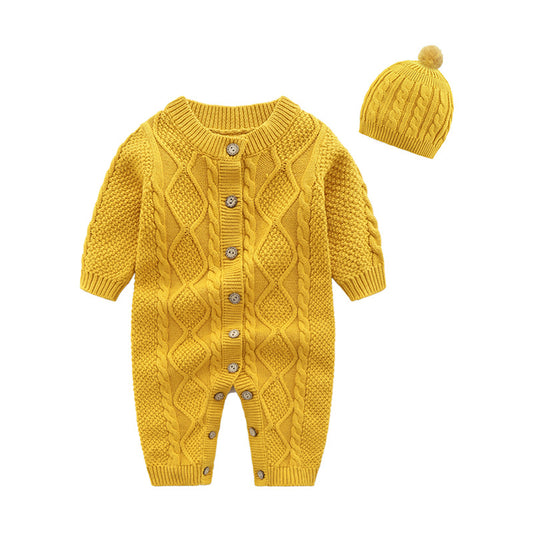 3-24M Newborn Autumn Knitted Romper Baby Boys Pure Cotton Long Sleeve Sweaters Girls 2PCS Casual Romper with Hat