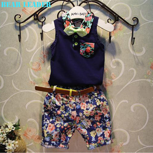 Boy Clothing Sets 2016 New Fashion Style Kids Clothing Sets Blue Bow tie Shirt+Print Pants+Belt 3Pcs for Boy Clothes