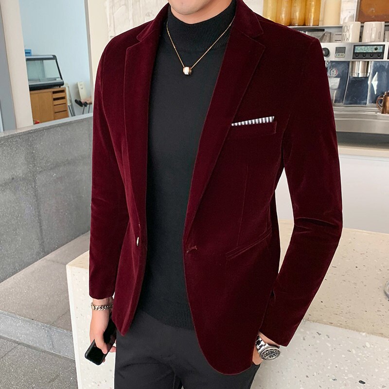 Casual Hombre Abrigo Casual Hombre Autumn Winter Velvet Blazers Mens Burgundy Suits Blazers For Mens Formal Dinner Dress Abrigo