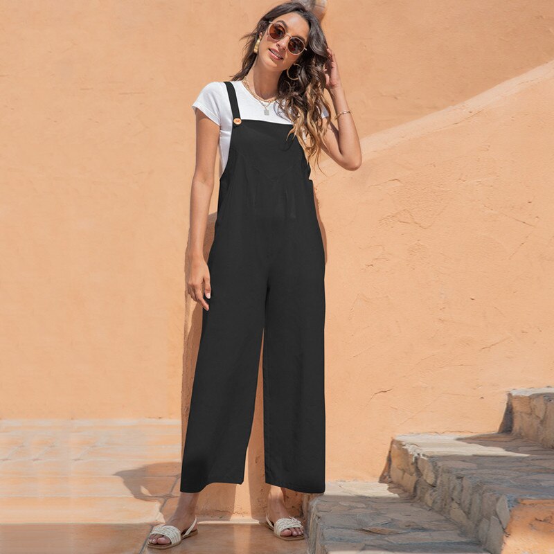 Overalls For Women Spaghetti Strap Long Playsuit Vintage Wide Leg Casual Rompers 2022 Spring Black Jumpsuits With Pocket