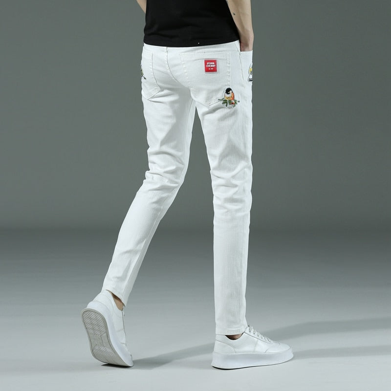 Spring summer New Men&#39;s thin slim White jeans Stretch Embroidery decoration Denim men fashion trousers male Brand Pants chinos