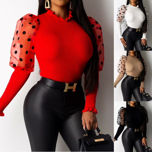 Ladies Women Fashion Casual Sexy Elegant Long Sleeve Turtleneck Mesh Polka Dot Lantern Sleeve Slim Skinny Blouses Shirts Tops