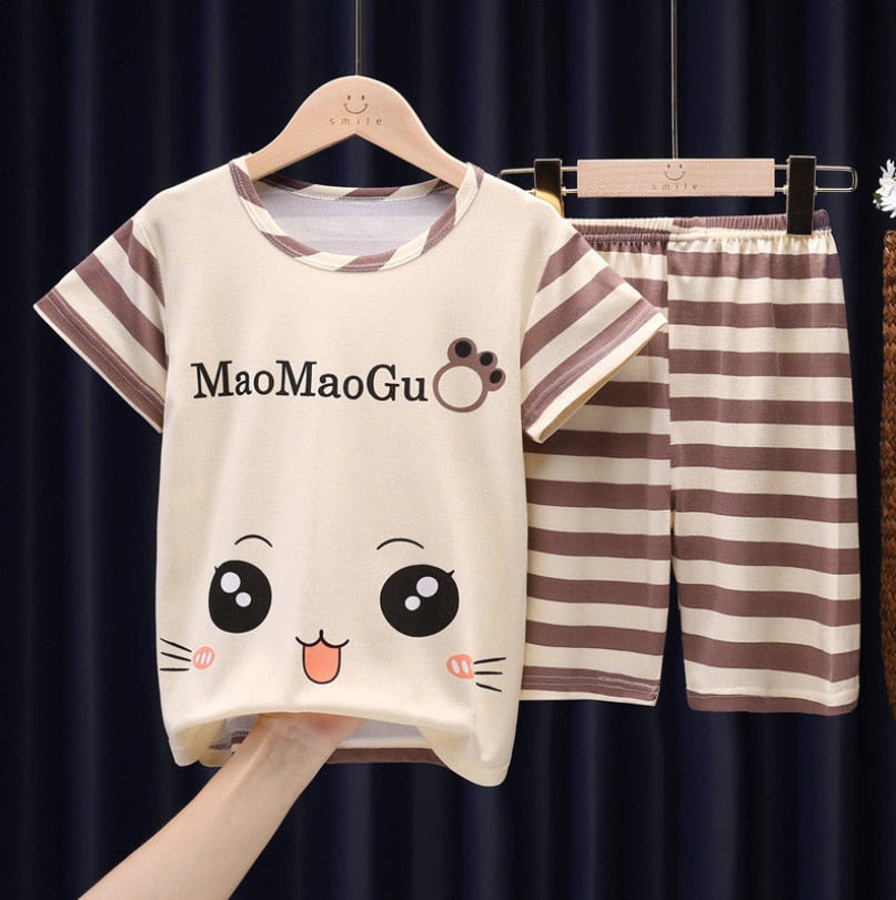 The New Casual Kids Short Sleeve Pajama Set Children Clothing Summer Boys Girls Home Clothes Tops+Shorts Suit Costumes