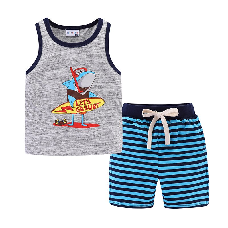 Mudkingdom Summer Boys Outfits Cartoon Sleeveless Casual Tank Tops and Striped Shorts Set for Boys Clothes Cotton Kids Suit