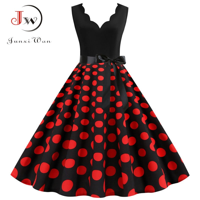 Polka Dot Print Vintage Women Summer Dress Black Patchwork Sleeveless V neck Elegant Party Dresses Casual Robe Midi