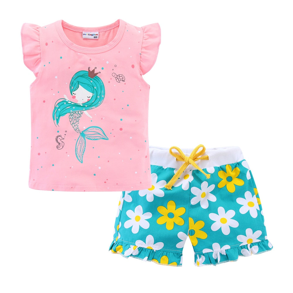 Mudkingdom Flower Summer Holiday Girls Outfits Unicorn Cartoon Mermaid Clothes Set for Girls Floral Short Clothes Suit Kids