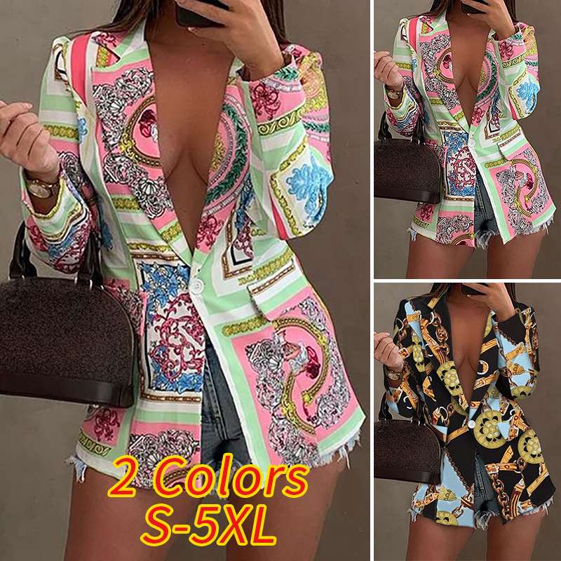 Women Formal Coats 2021 VONDA Spring Long Sleeve Printed Suit Blazers Casual Turn Down Collar Office Jackets Outerwear Veste