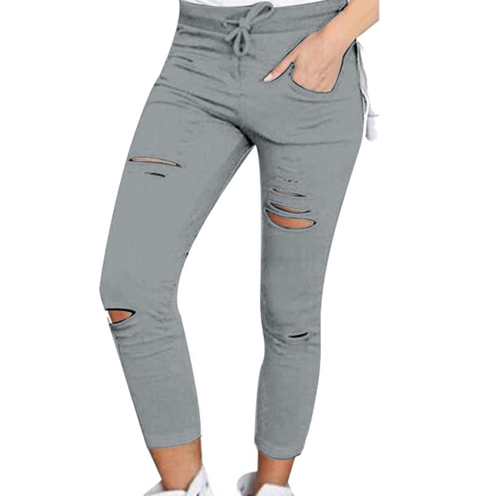 Solid Color Womens trousers Drawstring-High Waist  Skinny Ripped