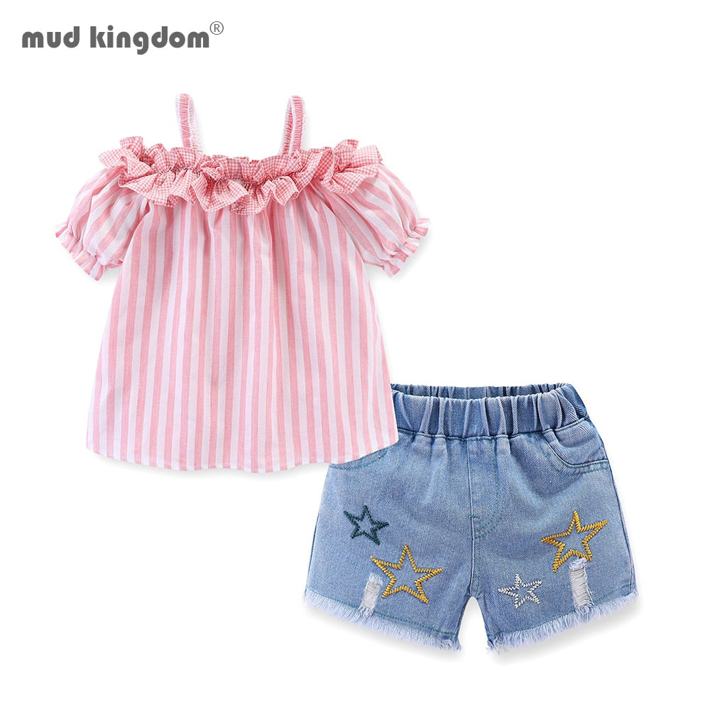 Mudkingdom Girls Outfits Ruffle Collar Striped Tops Denim Shorts Set for Girl Clothes Strap Shirt Jean Shorts Suit Toddler Set