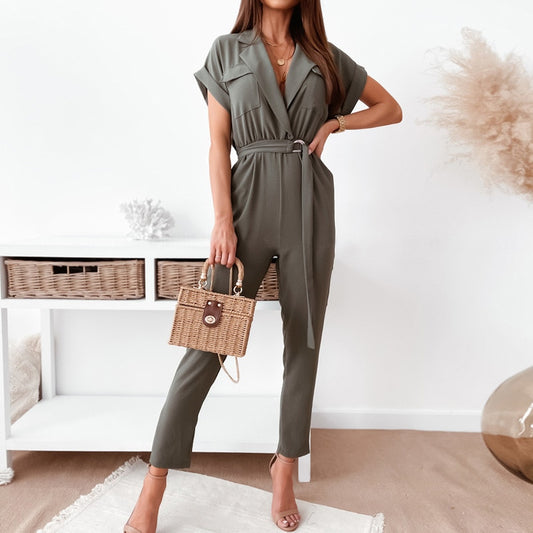 Elegant Office Lady Jumpsuit Turn-down Collar Solid Spring Playsuit 2021 Summer Short Sleeve Lace-up Belted Women Romper Overall