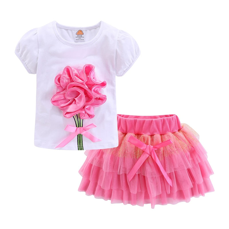 Mudkingdom Cute Girls Outfits Boutique 3D Flower Lace Bow Tulle Tutu Skirt Sets for Toddler Girl Clothes Suit Summer Costumes