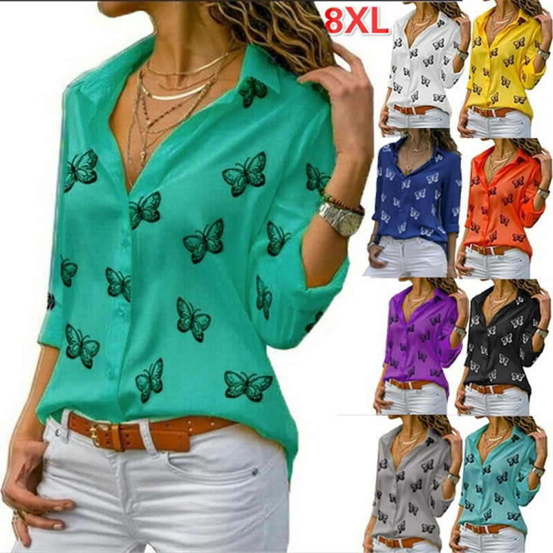 Fashion Butterfly Print Casual Blouse Long Sleeve Elegant Women Tops Single Row Button Streetwear Ladies Black White Shirt