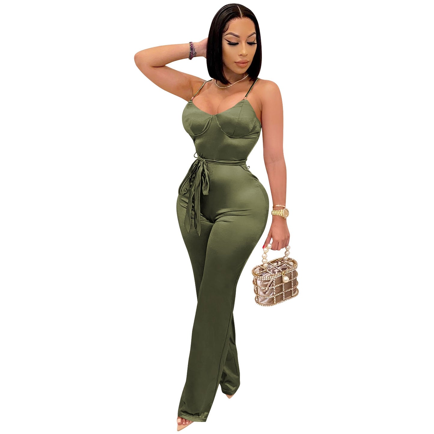 Cutubly Elegant Glossy Women Jumpsuits And Rompers Solid Sexy Jumpsuits Fashion Belt Spaghetti Strap Jumpsuits Club Wear