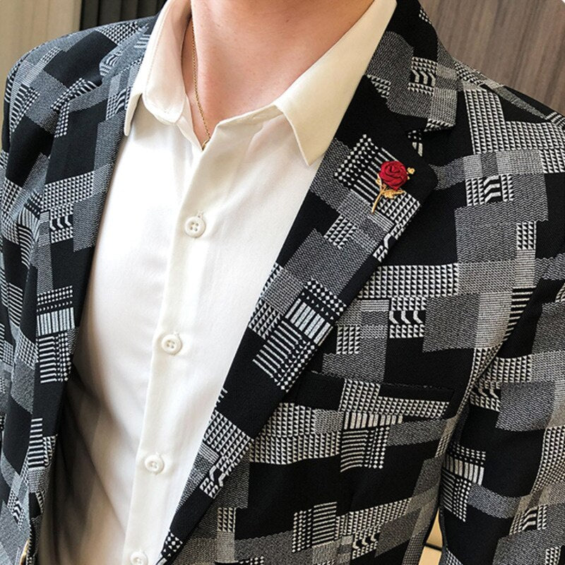 2020 Korean Plaid Suit Blazer Jacket Men Stylish Dress Prom Blazers For Men Casual Slim Club Stage Singer Suit Blusa Masculina