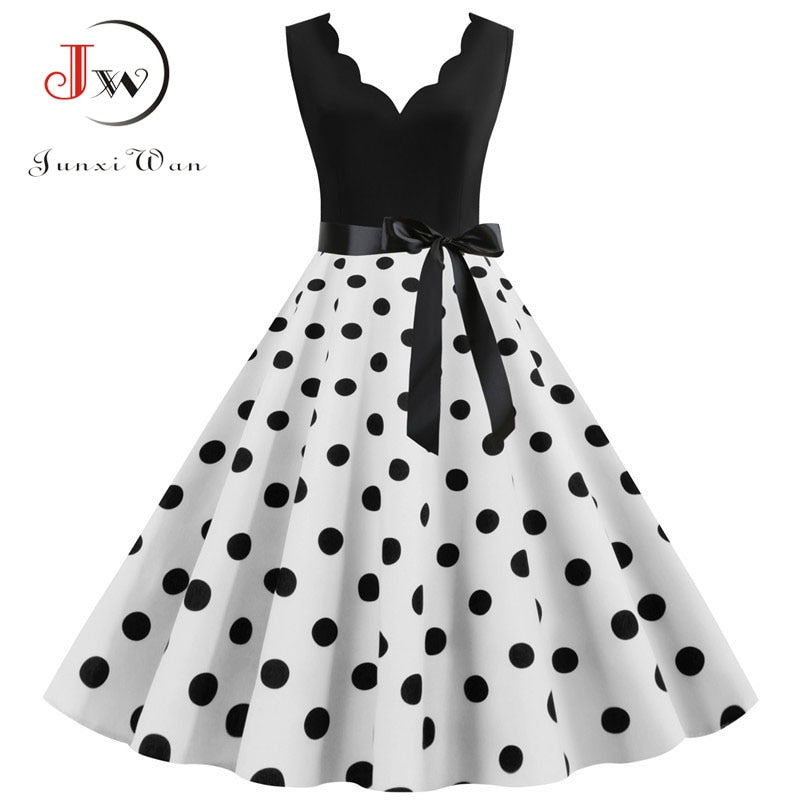 Polka Dot Print Vintage Women Summer Dress Black Patchwork Sleeveless V neck Elegant Party Dresses Casual Robe Midi