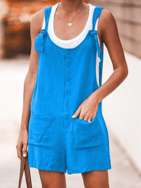 Summer Women Sleeveless Overalls Elegant Jumpsuits Romper Casual Vintage Ladies Short Pants Cotton and linen Wide Leg Pants