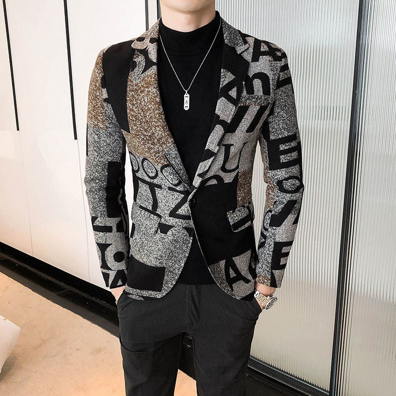 Big Letter Print WoolBlend Tweed Blazer Men 2020 Fall Winter Art Men Blazer Jacket Slim Fit Party Prom Club Pattern Blazer Homme