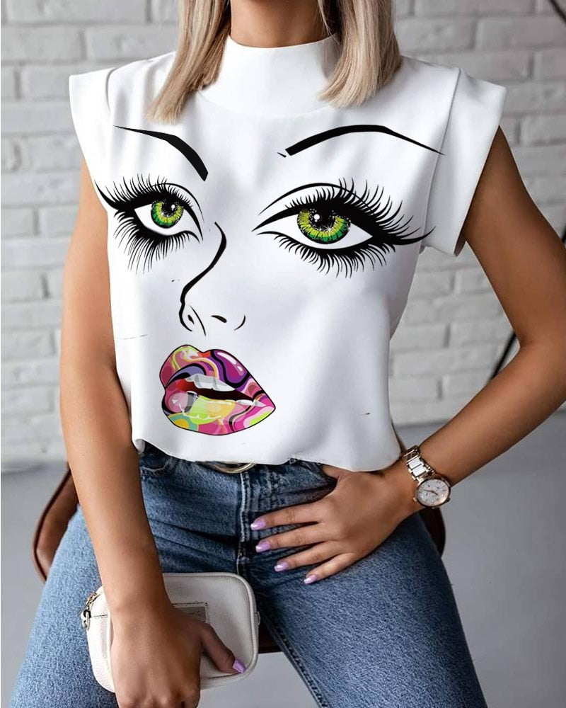 Fashion Women Elegant Lips Print Tops and Blouse Shirts 2021 Summer Ladies Office Casual Stand Neck Pullovers Eye Blusa Tops