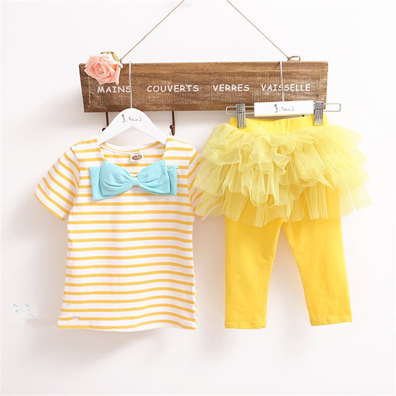 Mudkingdom Summer Toddler Girls Outfits Stripe Bow T-shirt and Tutu Bermuda Shorts for Baby Girl Clothes Suit Kids Short Set