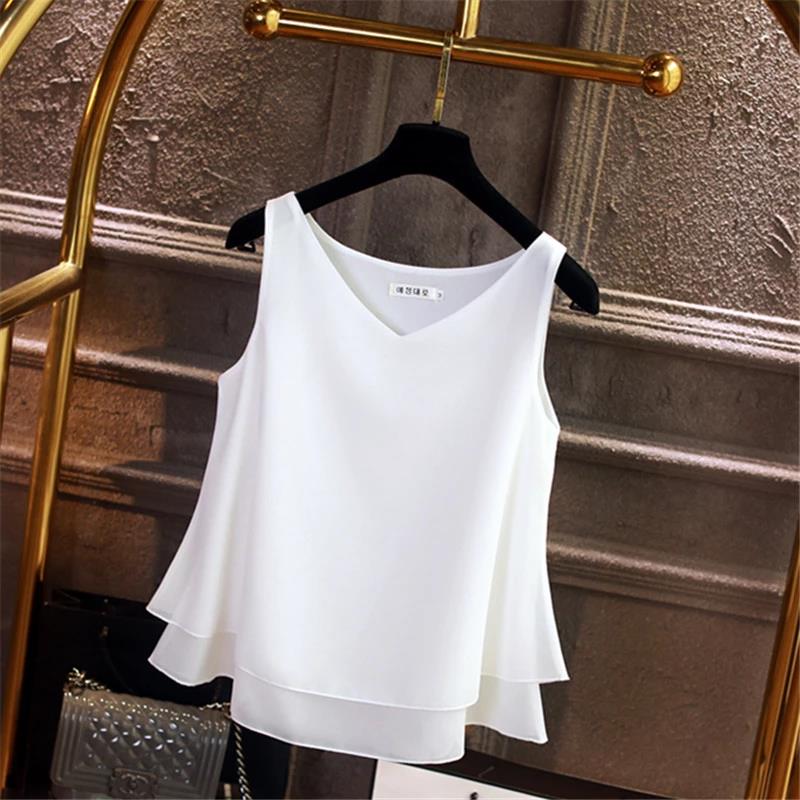 2022 Fashion Brand Women blouse Summer New sleeveless Chiffon Shirt Solid V-neck Casual blouse Loose Oversized Female Tops