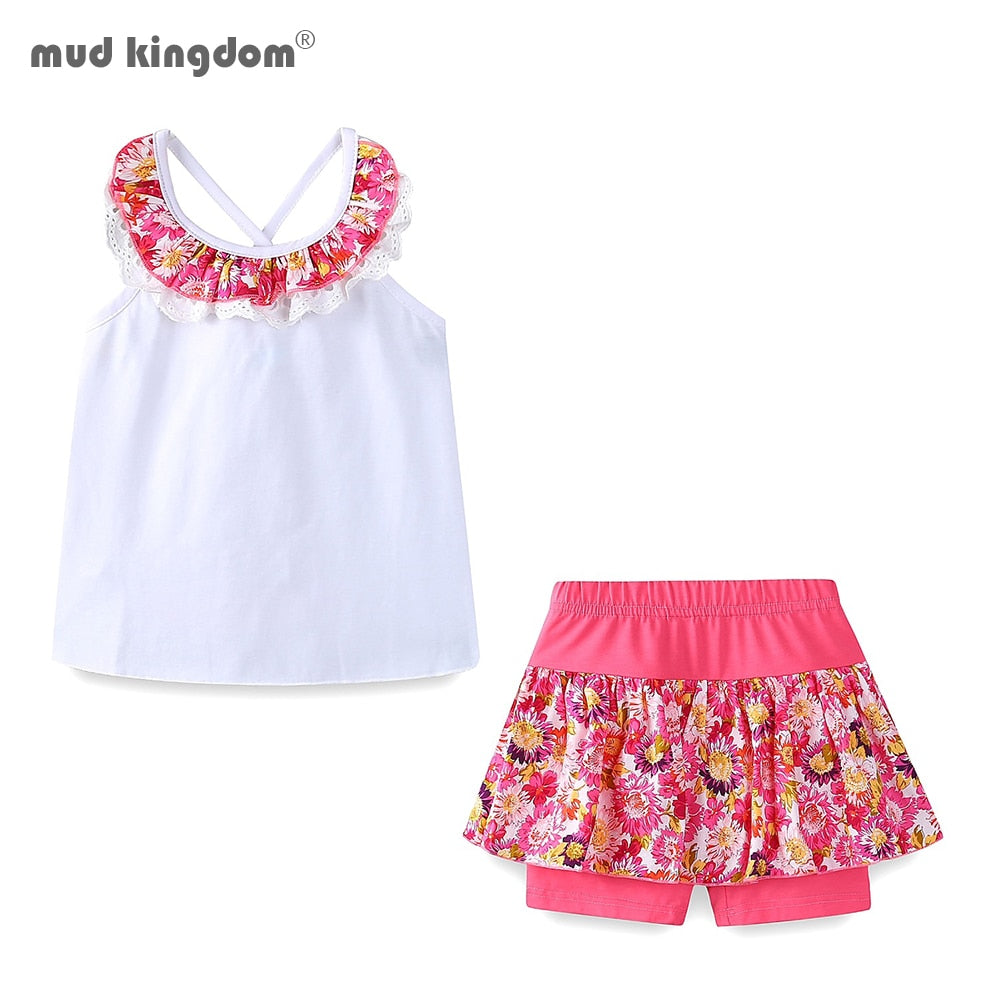 Mudkingdom Floral Summer Girls Outfits Backless Flower Cold Shoulder Tops and Skirted Short Clothes Set for Girls Beach Holiday