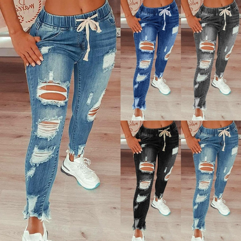 Jeans Women 2021 Drawstring High Waist Stretch Ripped Hole Jeans Fashion Denim Full Length Pencil Pants Skinny Jean Trousers