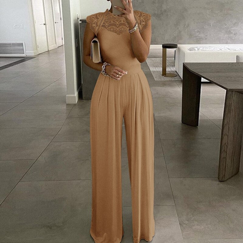 Sexy Hollow Out Sleeveless Women Jumpsuit 2021 Summer Lady Solid Office Lady Top Fashion Embroidery Lace Loose Wide Leg Romper