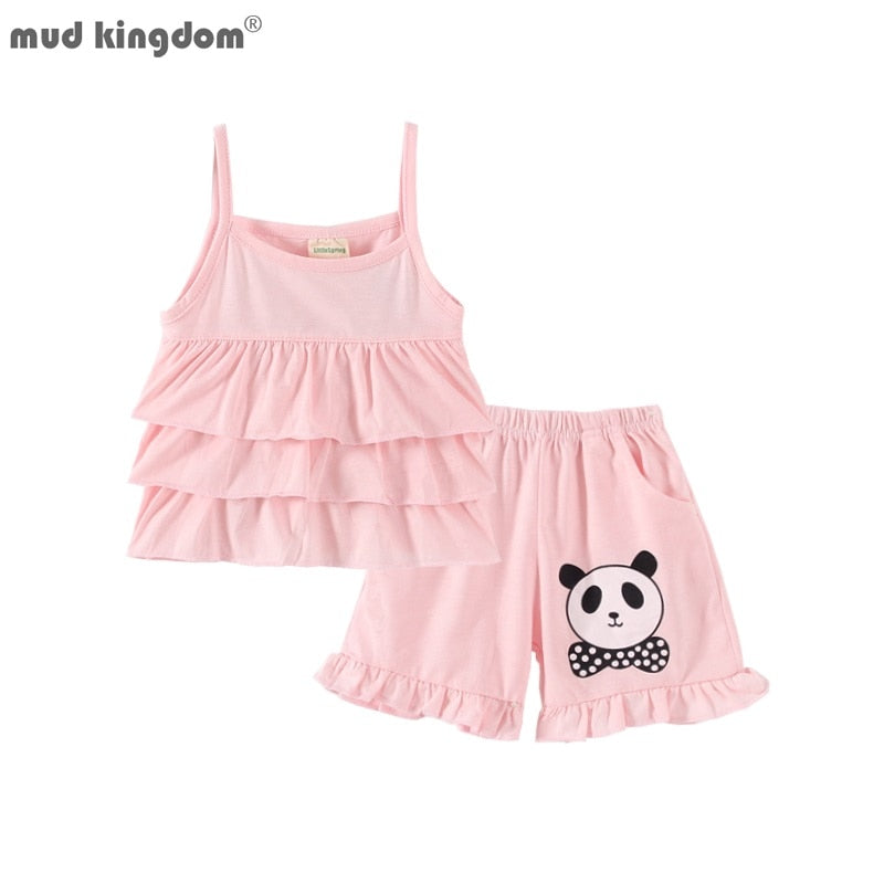 Mudkingdom Cute Girls Outfits Panda Print Ruffle Tank Tops and Shorts Set for Kids Clothes Solid Sleeveless Short Pant Suit Sale