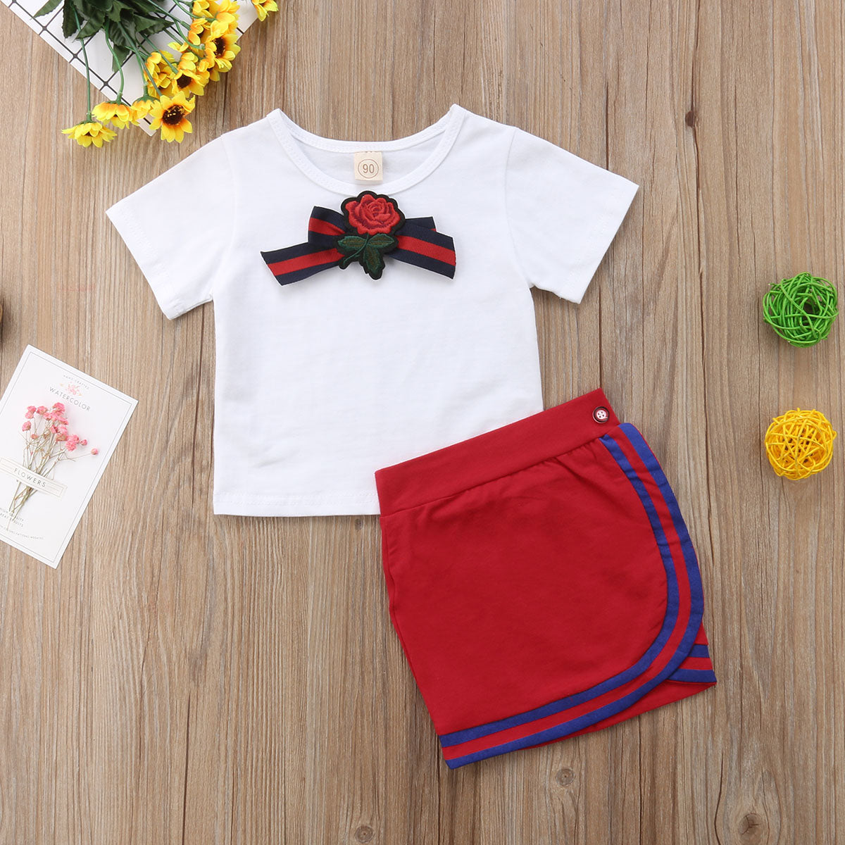 2021 Brand New 1-5Y Summer Toddler Baby Girl Clothes Sets Floral Embroidery White Cotton T-Shirts Tops Red Mini Pencil Skirts