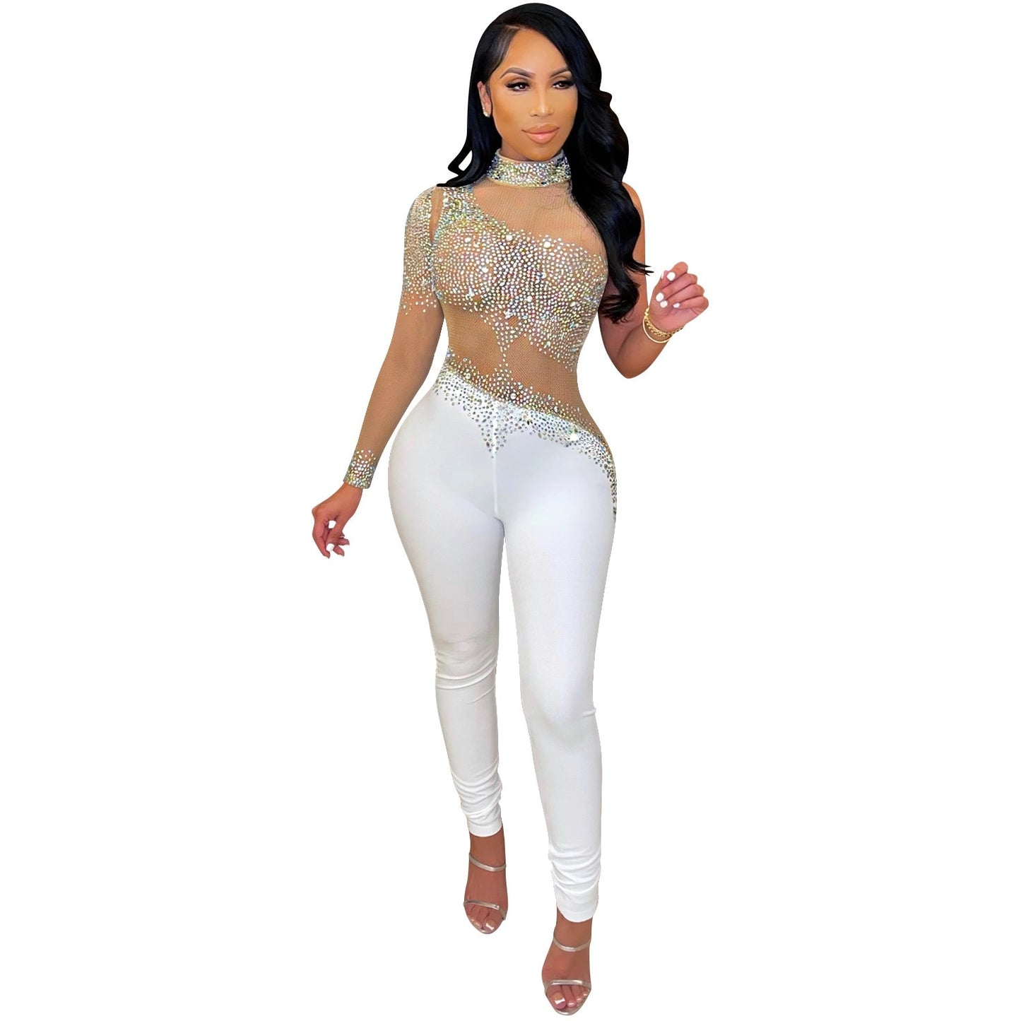 Cutubly Diamond Sheer Mesh Jumpsuit 2021 Elastic One Shoulder Party Rompers And Jumpsuits For Women Long Sleeve One Piece Romper