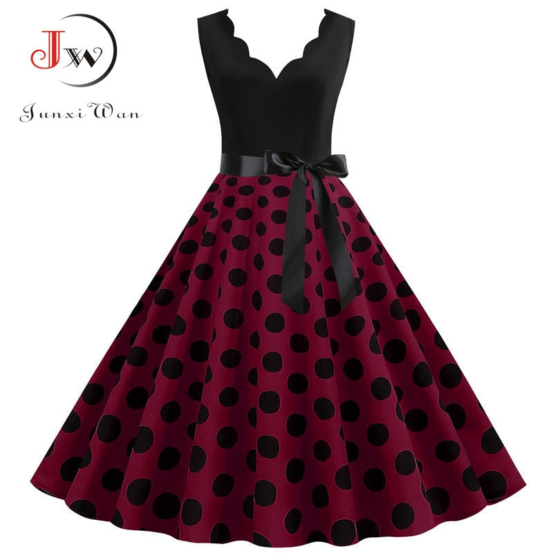 Polka Dot Print Vintage Women Summer Dress Black Patchwork Sleeveless V neck Elegant Party Dresses Casual Robe Midi