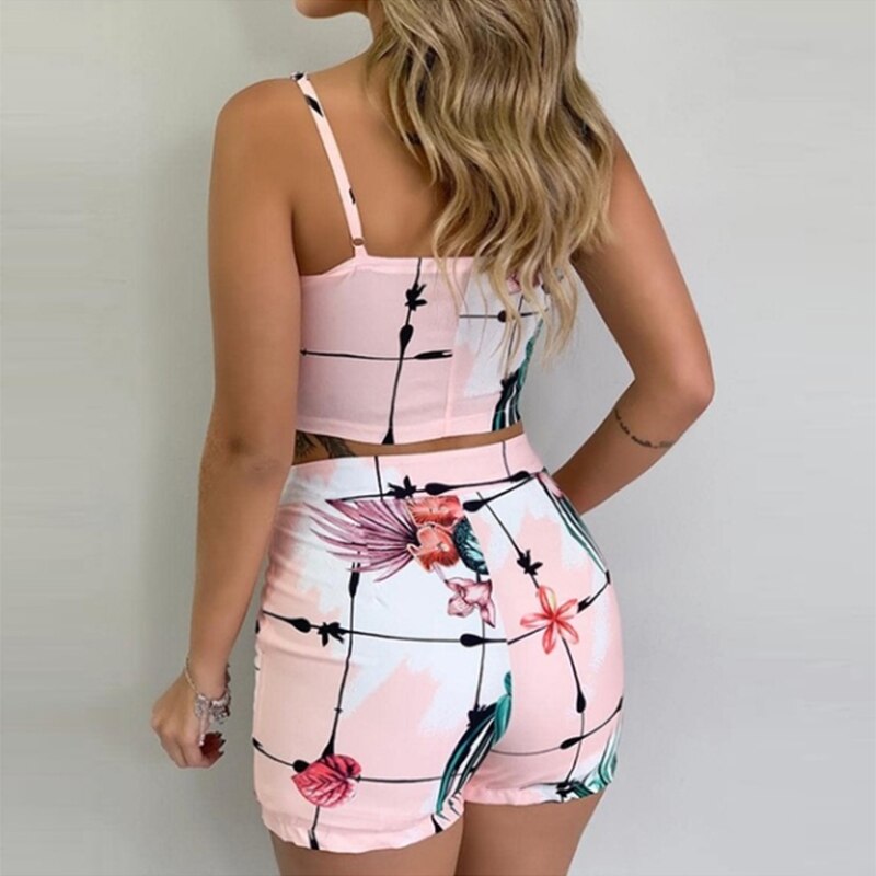 Fashion Women Shorts Suits 2 Pieces Sets Summer Office Lady Floral Strap Tank Crop Top+High Waist Button Shorts Female Outfits