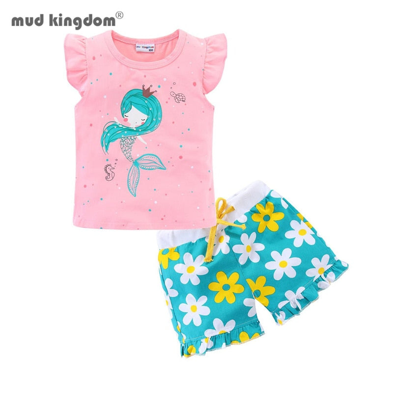 Mudkingdom Flower Summer Holiday Girls Outfits Unicorn Cartoon Mermaid Clothes Set for Girls Floral Short Clothes Suit Kids