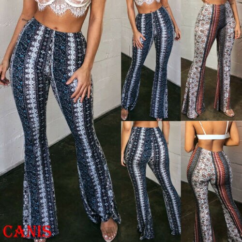 Newest Arrival Women Boho Retro Pants Floral Hippie High Waist Flare Wide Leg Fit Pants Trousers Bell Bottom Pants