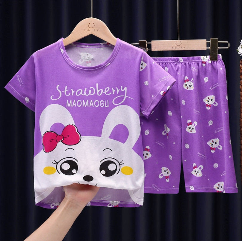 The New Casual Kids Short Sleeve Pajama Set Children Clothing Summer Boys Girls Home Clothes Tops+Shorts Suit Costumes