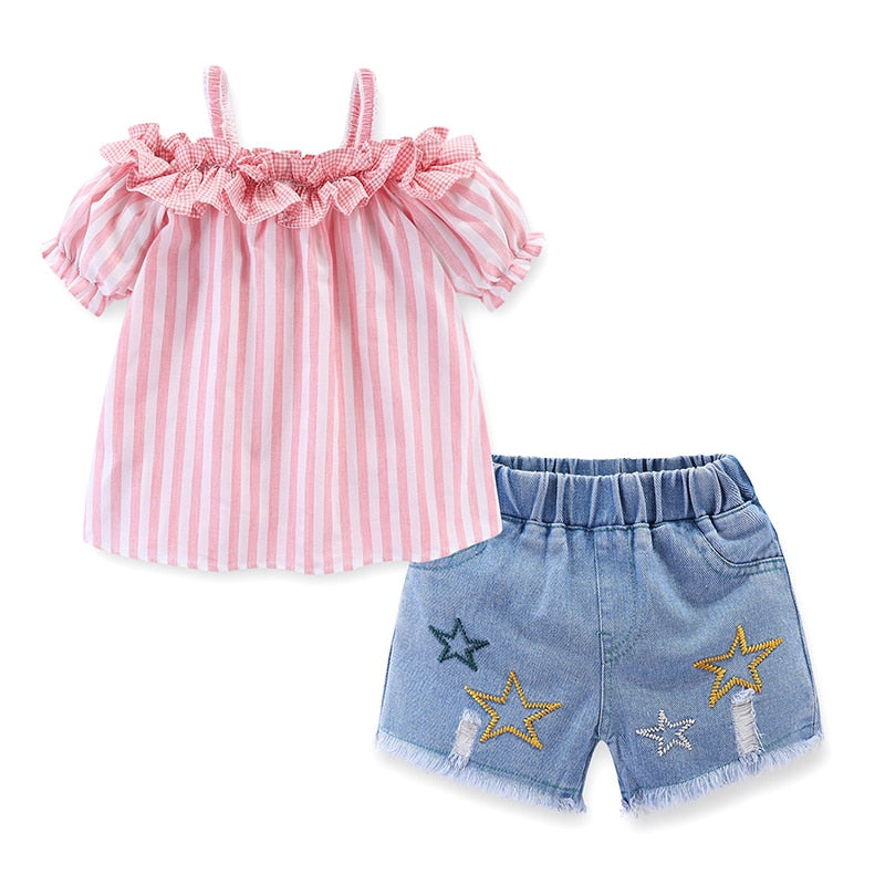 Mudkingdom Girls Outfits Ruffle Collar Striped Tops Denim Shorts Set for Girl Clothes Strap Shirt Jean Shorts Suit Toddler Set