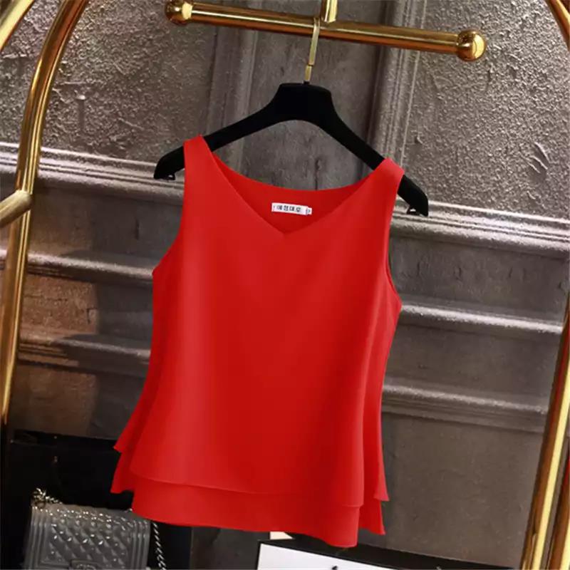 2022 Fashion Brand Women blouse Summer New sleeveless Chiffon Shirt Solid V-neck Casual blouse Loose Oversized Female Tops