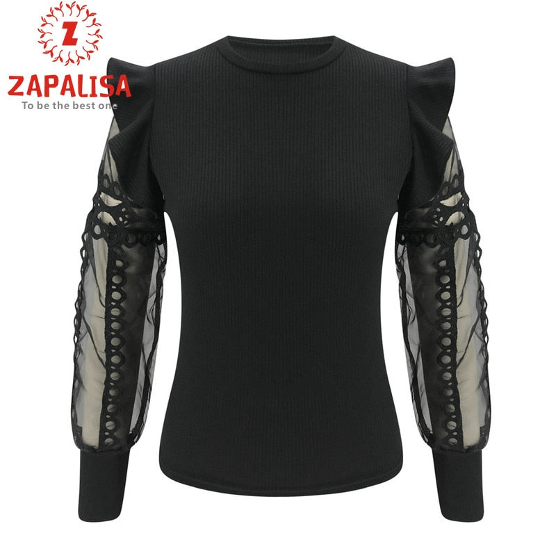 Zapalisa Knit Spring Elegant Women Tops Solid Color Female Blouses Long Sleeve Ruffles Sexy Hollow Out Lace Spliced