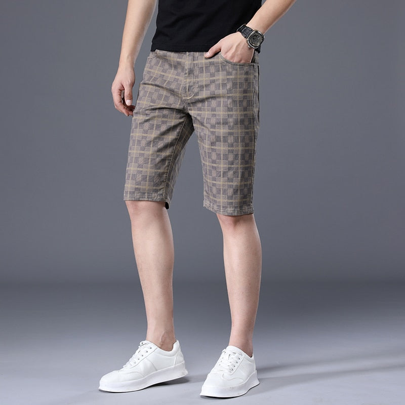 JEYWOOD Brand Summer Thin Plaid Shorts Men Knee Length Pants Straight Beach Short 98%Cotton Blue Plaid Patchwork Pant Male