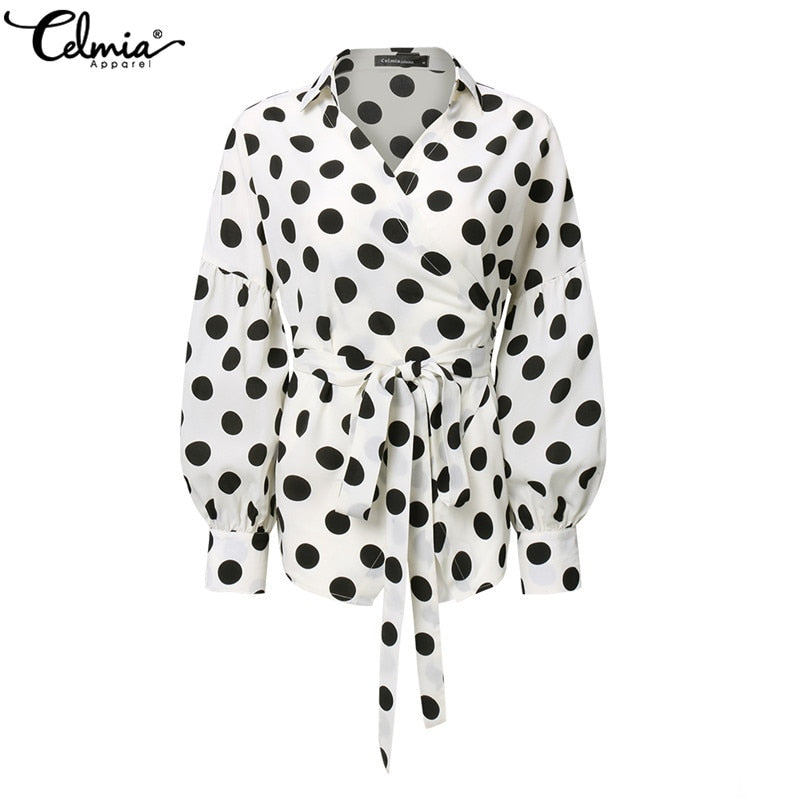 Celmia Women Tops Blouse 2022 Autumn Sexy V-neck Point Dot Elegant Party Shirt Casual Loose Belted Lantern Sleeve Tunic Blusas