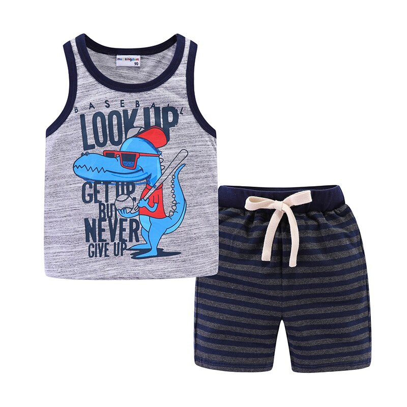 Mudkingdom Summer Boys Outfits Cartoon Sleeveless Casual Tank Tops and Striped Shorts Set for Boys Clothes Cotton Kids Suit