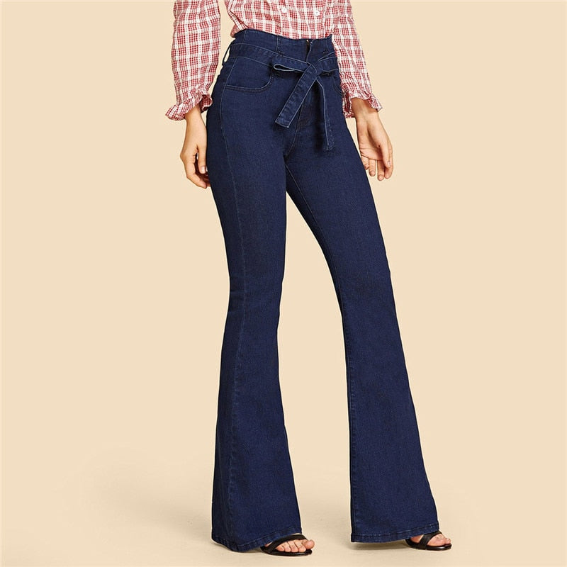 Blue Tie Waist Flare Jeans