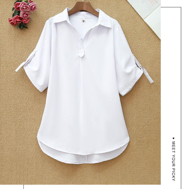 Plus Size Women Solid color Loose Blouse Short Sleeve Turn-Down Collar Button Shirts Chic Oversized Casual Office Mid-length top