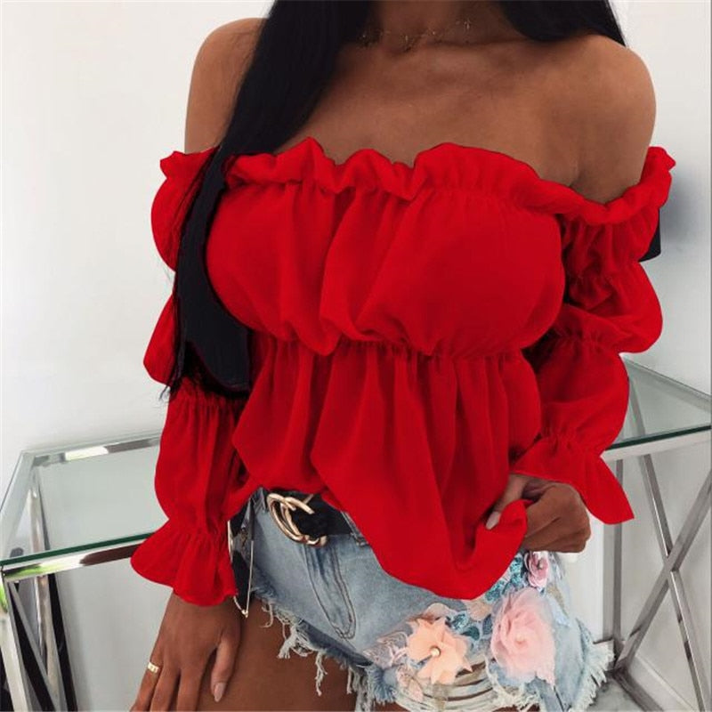 Hirigin 2021 Elegant Women Off Shoulder Chiffon Blouse Fashion Solid Color Pleated Sexy Shirt New Office Street Tops and Blouses