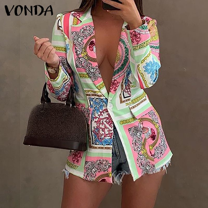 Women Formal Coats 2021 VONDA Spring Long Sleeve Printed Suit Blazers Casual Turn Down Collar Office Jackets Outerwear Veste