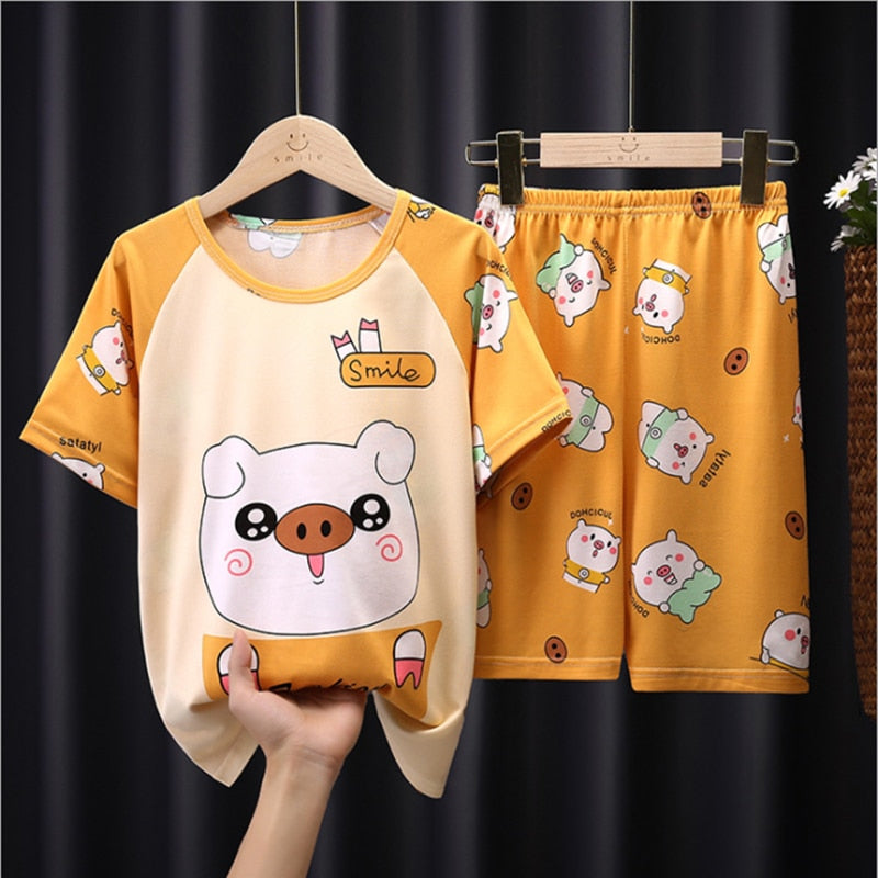 The New Casual Kids Short Sleeve Pajama Set Children Clothing Summer Boys Girls Home Clothes Tops+Shorts Suit Costumes