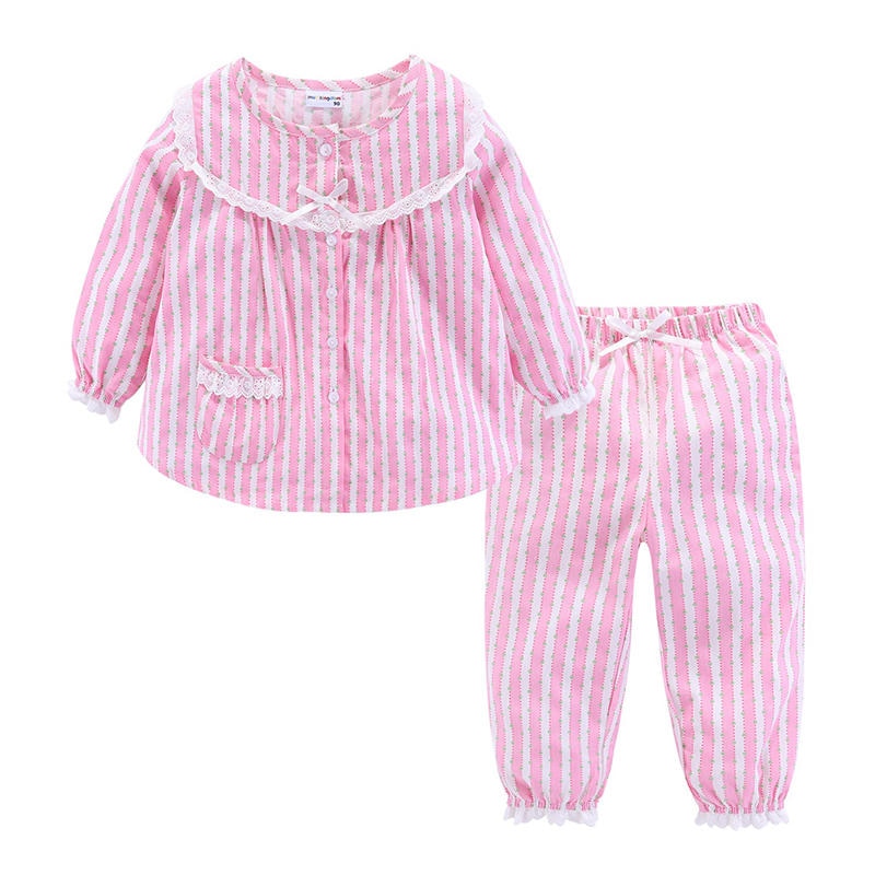 Mudkingdom Boutique Girls Pajama Sets Spring Autumn Cute Lace Striped Heart Toddler Pajamas Kids Sleepwear Sleeping Clothes